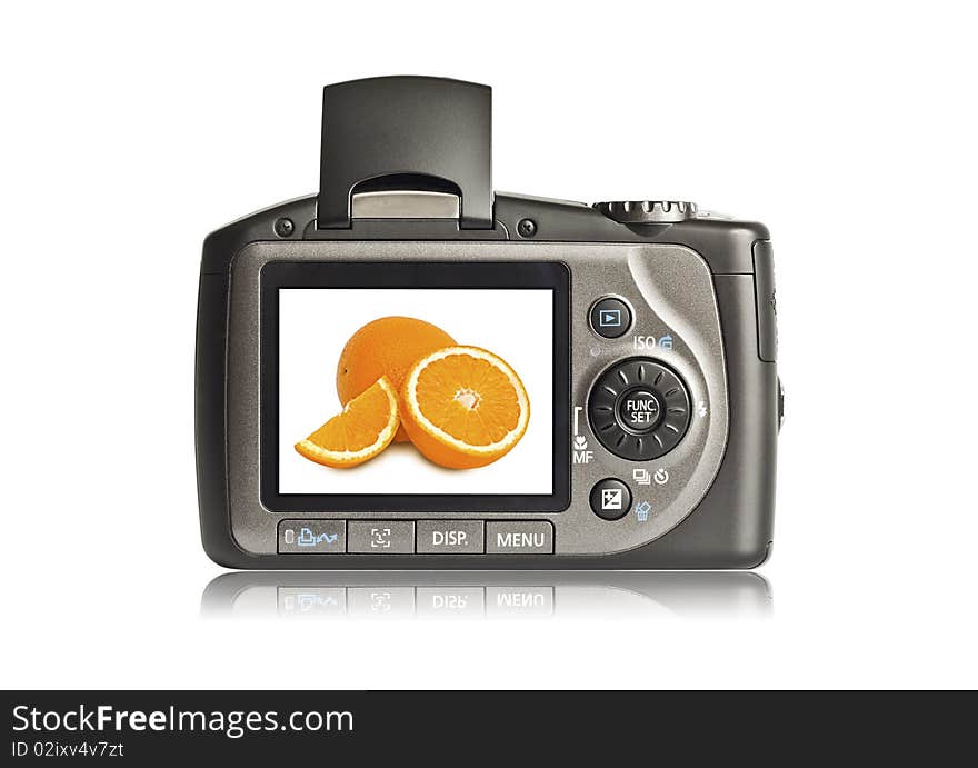 Photo camera on white background display