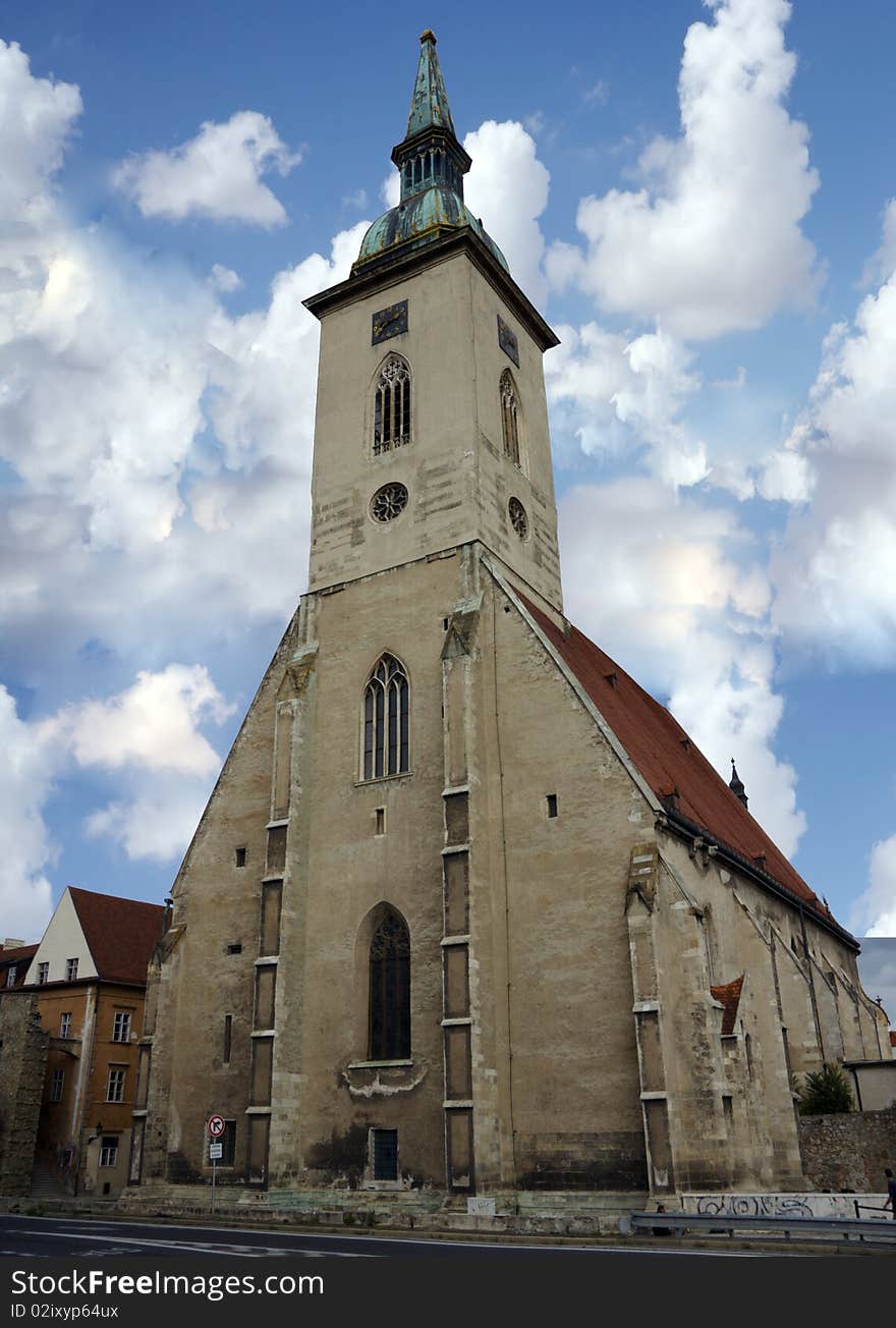 Old  Church building with cloudy skies  , image was taken in Bratislava , Slovakia