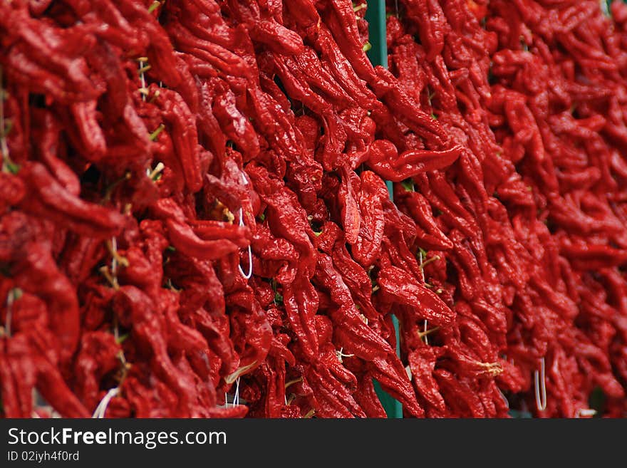 Southern italian custom of drying red peppers in the hot summer sun. Southern italian custom of drying red peppers in the hot summer sun.