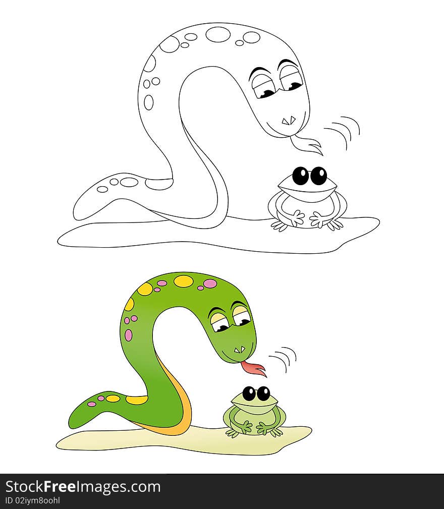 Snake looking at frog. Colorful cartoon sketch isolated on white. The black & white version is useful for coloring book pages for kids. Snake looking at frog. Colorful cartoon sketch isolated on white. The black & white version is useful for coloring book pages for kids.