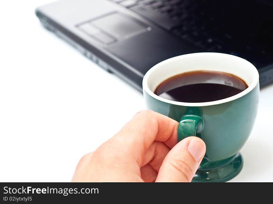 Fresh hot coffe and black notebook on white background. Fresh hot coffe and black notebook on white background