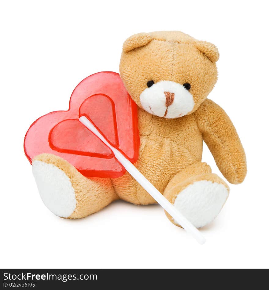 Small cute brown bear with red heart. Small cute brown bear with red heart