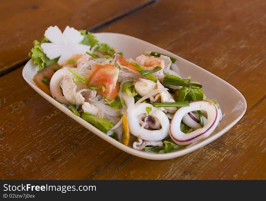 A close up of Thai spicy seafood salad. A close up of Thai spicy seafood salad