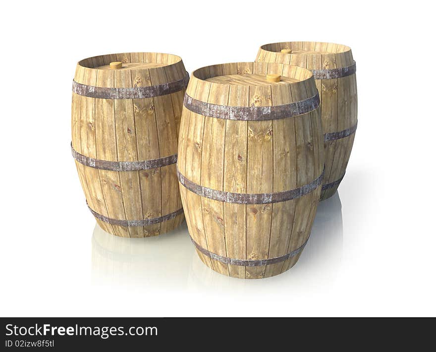 Three wooden barrels