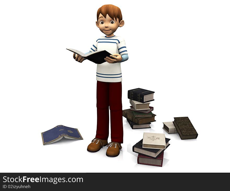 A cute cartoon boy holding a book. Several books are scattered on the floor around him. White background. A cute cartoon boy holding a book. Several books are scattered on the floor around him. White background.