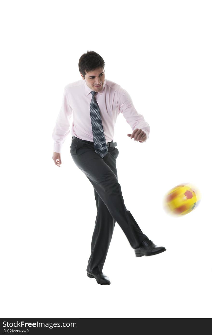 Businessman palying soccer/football, isolated on white. Businessman palying soccer/football, isolated on white