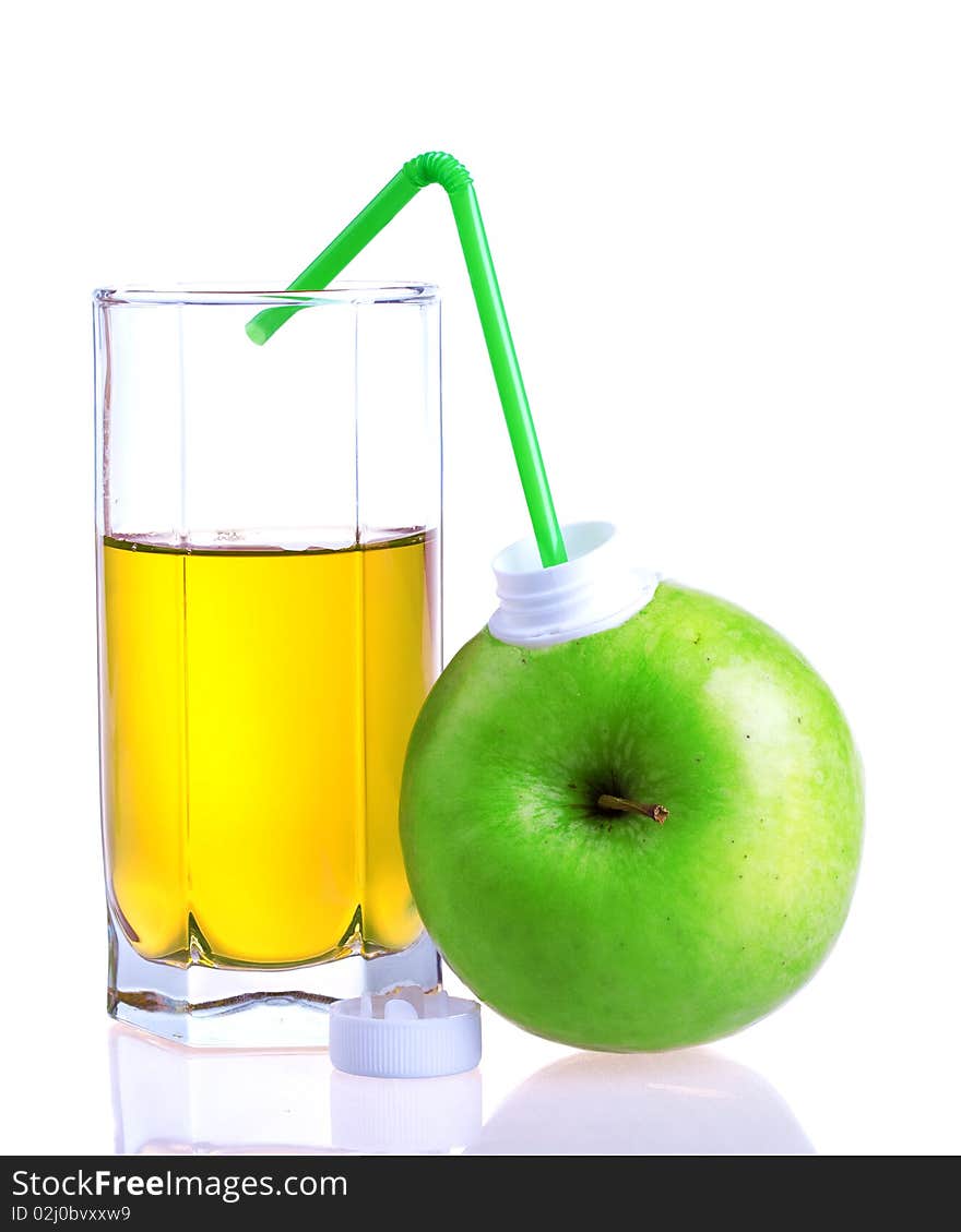 Glass of apple juice with apple package isolated on white background