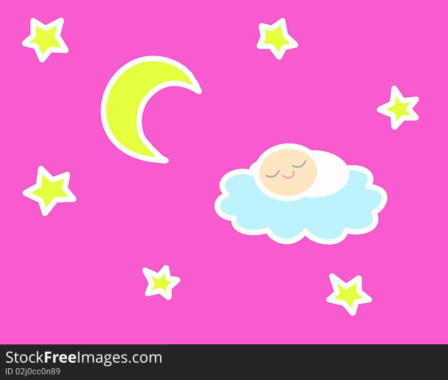 A cute baby sleeping on a cloud near the moon in the night with little stars all around. Digital drawing. Coloured picture. A cute baby sleeping on a cloud near the moon in the night with little stars all around. Digital drawing. Coloured picture.