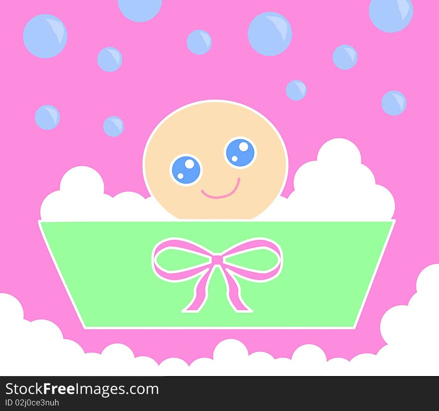 A cute baby girl having a bath in a little green tank with a pink ribbon. Foam and bubbles all around. Digital drawing. Coloured picture. A cute baby girl having a bath in a little green tank with a pink ribbon. Foam and bubbles all around. Digital drawing. Coloured picture.