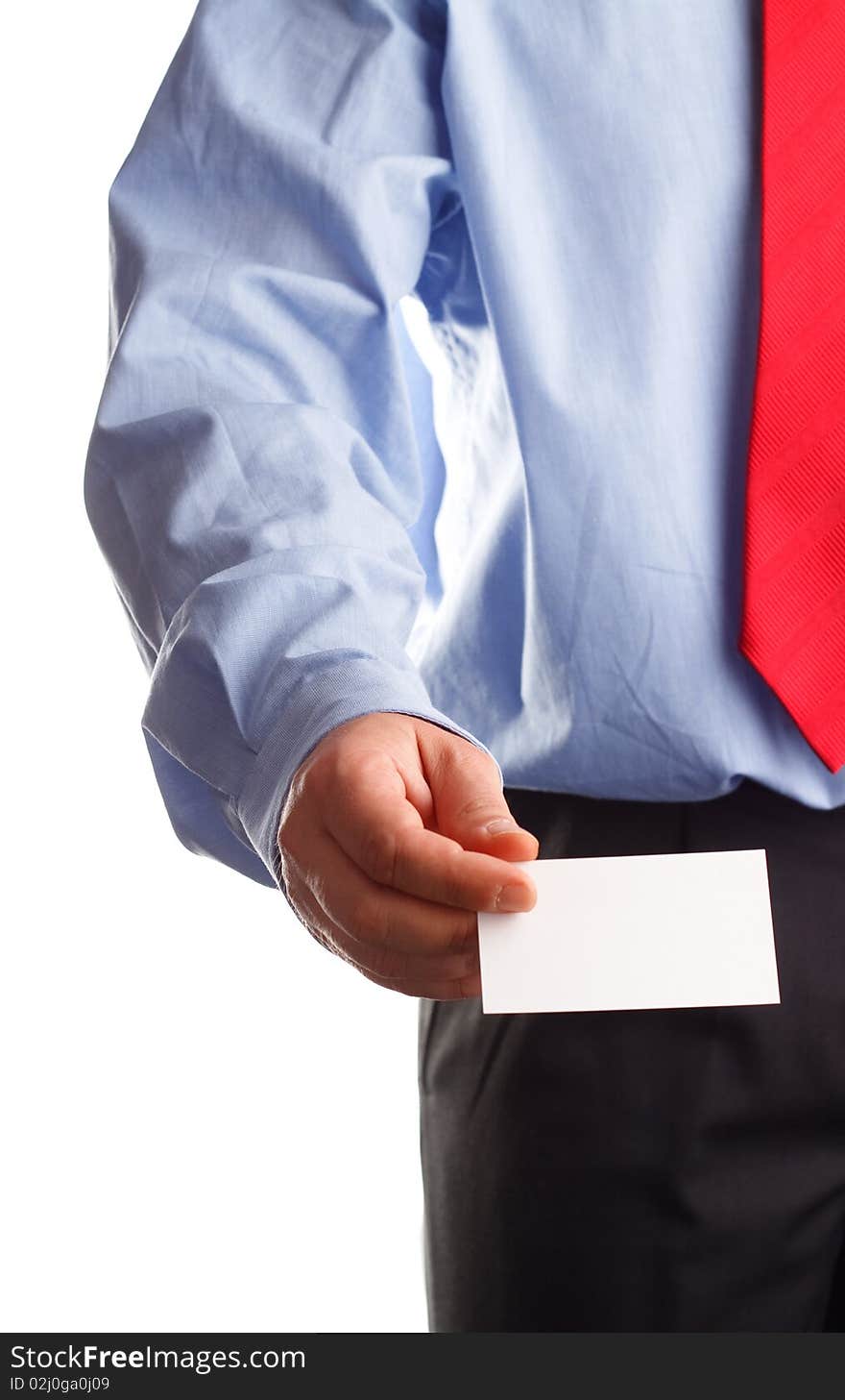 A business man offering a blank business card. A business man offering a blank business card