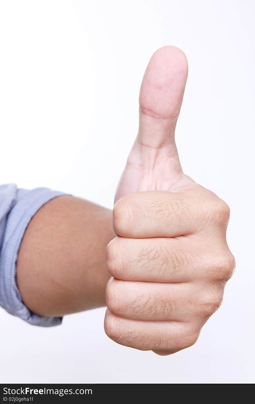 Ok hand signal over white background, expressing positivity. Ok hand signal over white background, expressing positivity