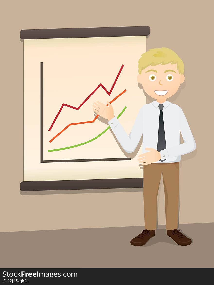 Businessman character doing presentation with chart displayed. Businessman character doing presentation with chart displayed