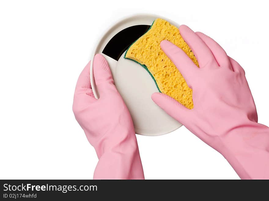 Gloves washing the plate on a white background