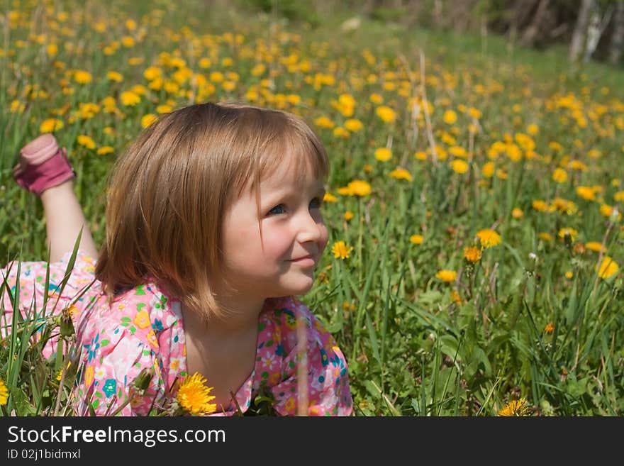 Little girl lie among yellow dandelions. Little girl lie among yellow dandelions