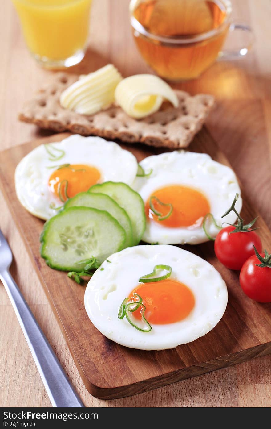 Breakfast of fried eggs, crisp bread and butter