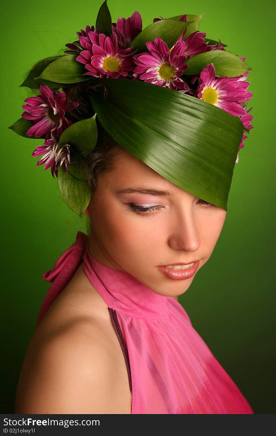 Beautiful spring-woman on green background. Beautiful spring-woman on green background