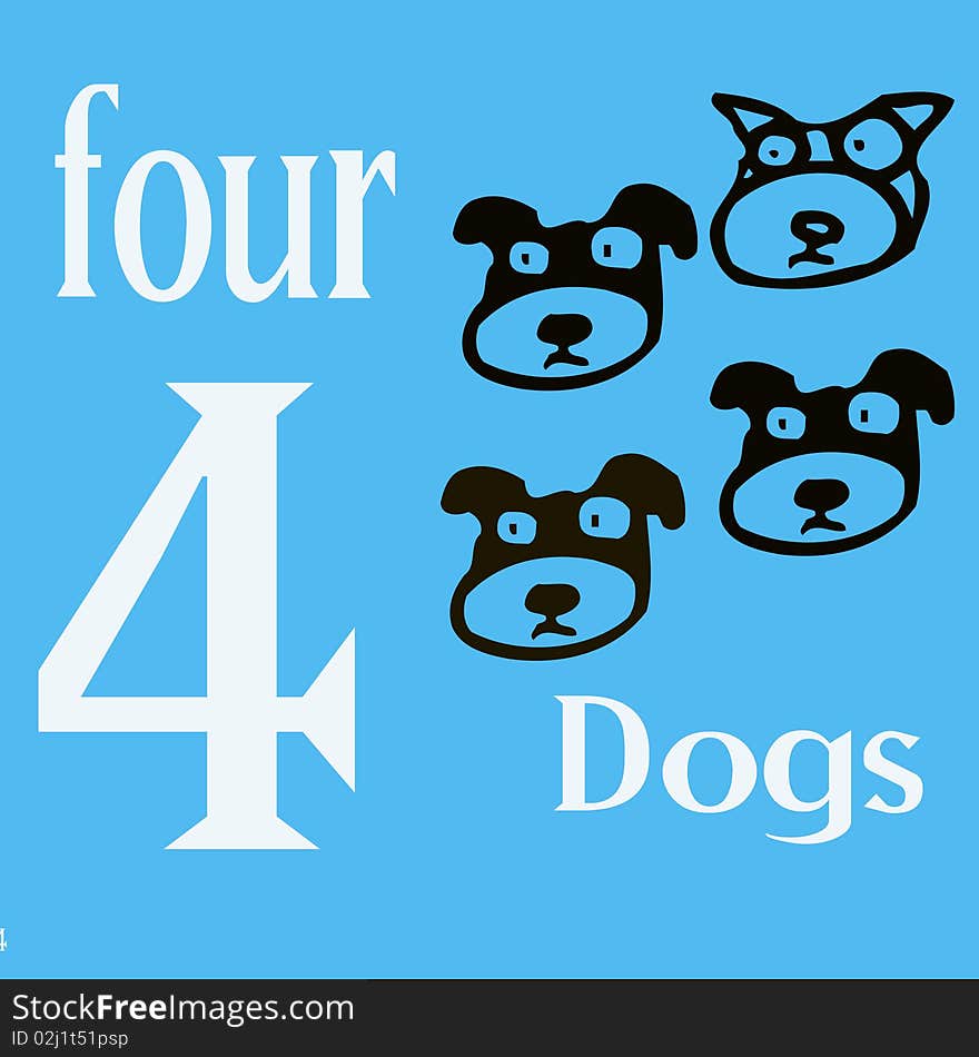 The numeral 4 illustrated using icon of Dogs,and representing the letter D.Part of the series of 1-10. The numeral 4 illustrated using icon of Dogs,and representing the letter D.Part of the series of 1-10