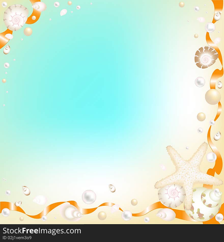 Background with Starfish and Shells. Vector