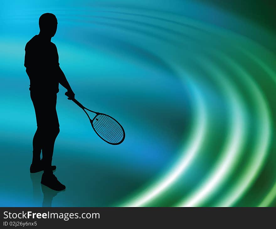 Tennis Player on Abstract Liquid Wave Background