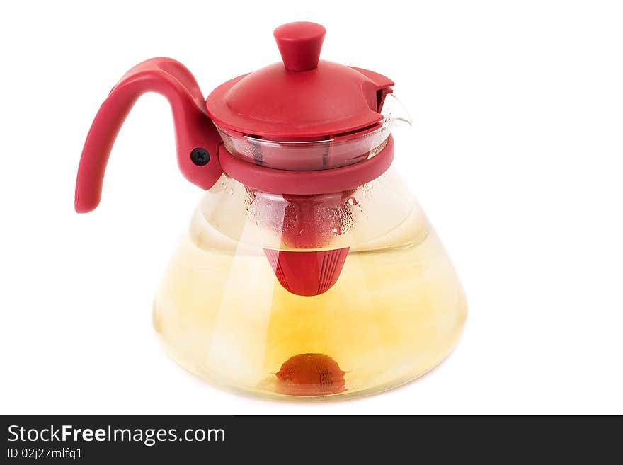 Series. A glass teapot isolated on a white background. Green tea