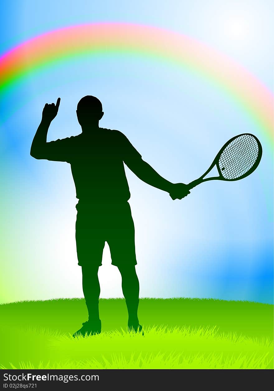 Tennis Player on Rainbow Background Original Illustration