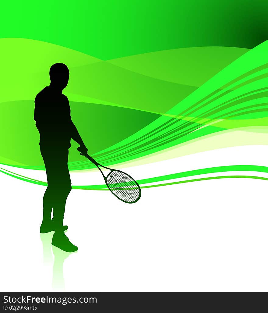 Tennis Player on Green Abstract Background Original Illustration