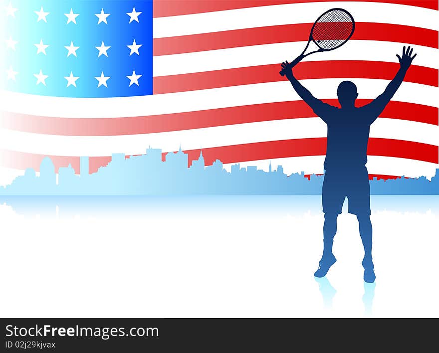 Tennis Players with United States Flag Background Original Illustration