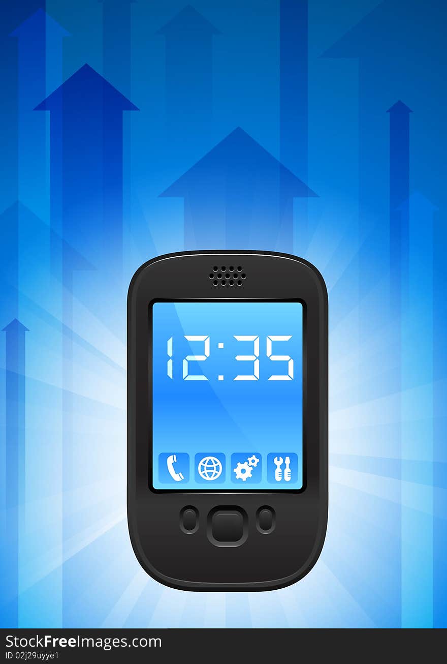 Cell Phone on Blue Arrow Background