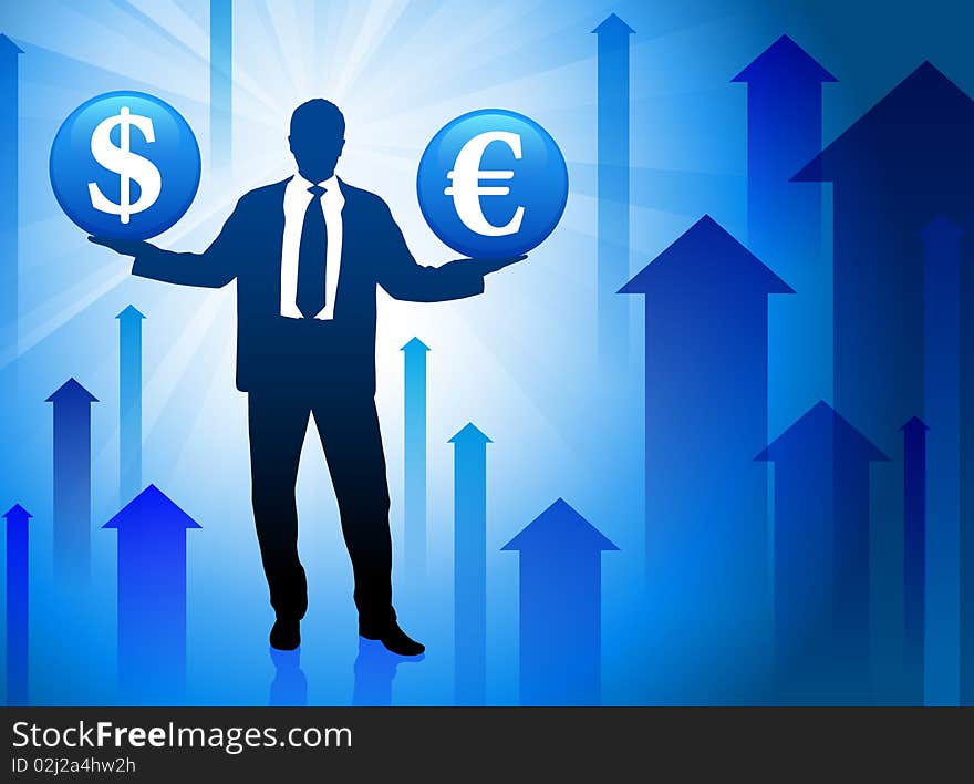 Businessman holding Currenct on Blue Background