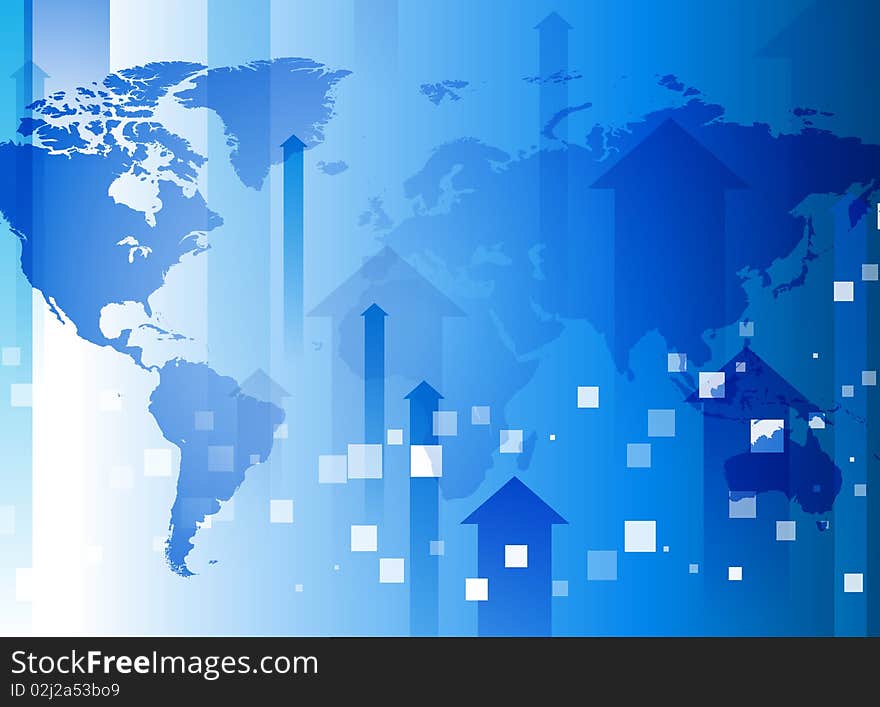 World Map on Blue Arrow Background Original Illustration