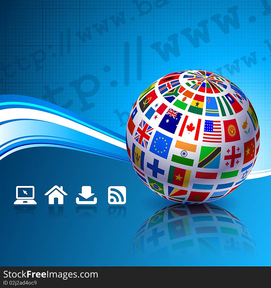 Flags Globes on Blue Internet Background