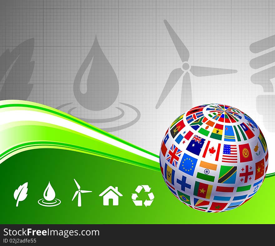 Flags Globe on Green Nature Background Original Illustration