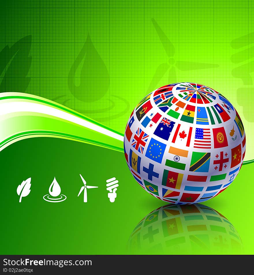 Flags Globe on Green Nature Background