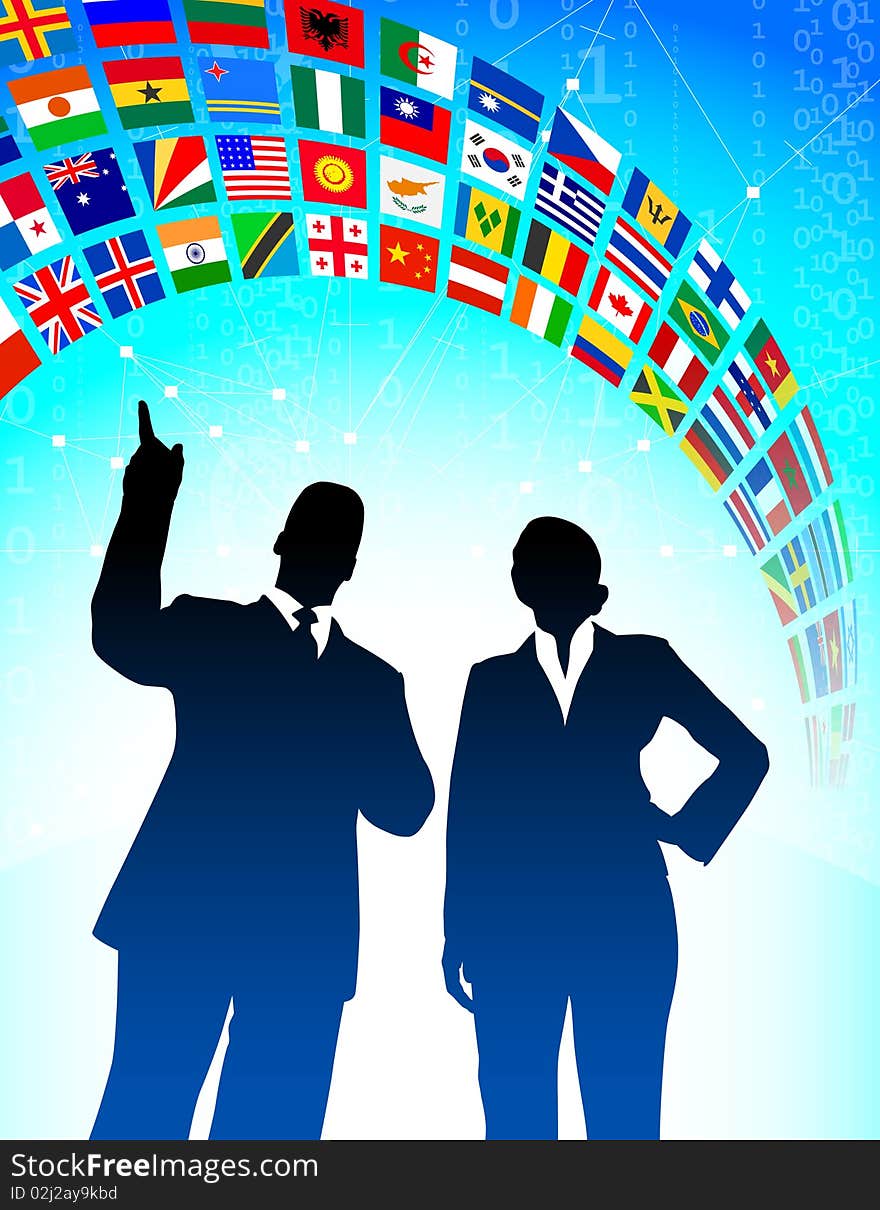 Business Team with Flags Banner Original Illustration