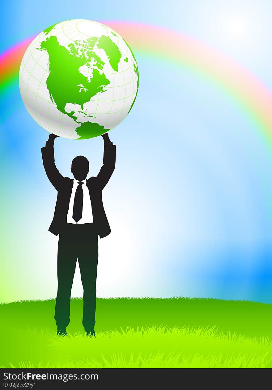 Businessman Holding Globe On Nature Background