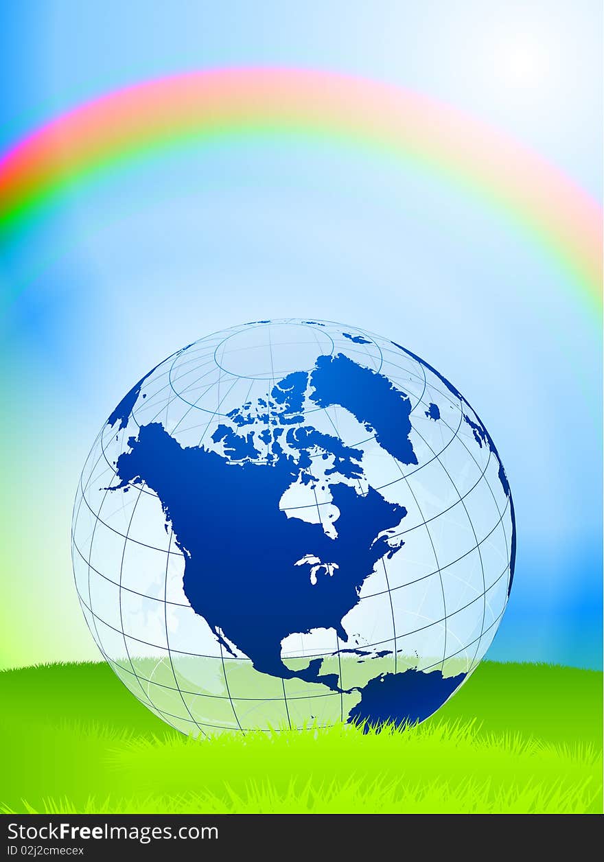 Globe On Nature Background With Rainbow