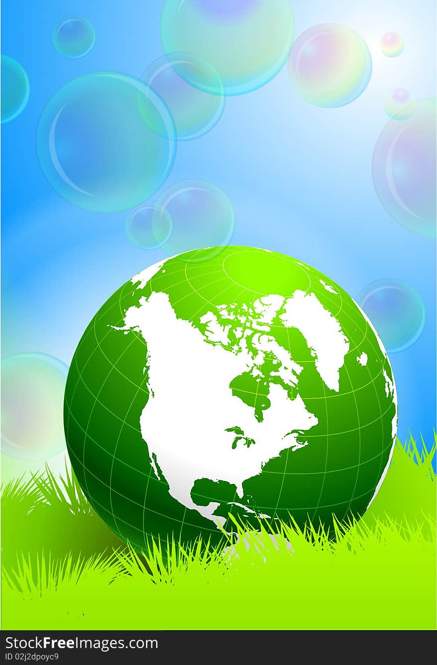 Globe on  Soap Bubbles background