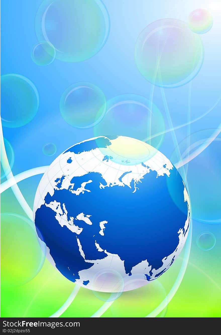 Globe On Soap Bubbles Background