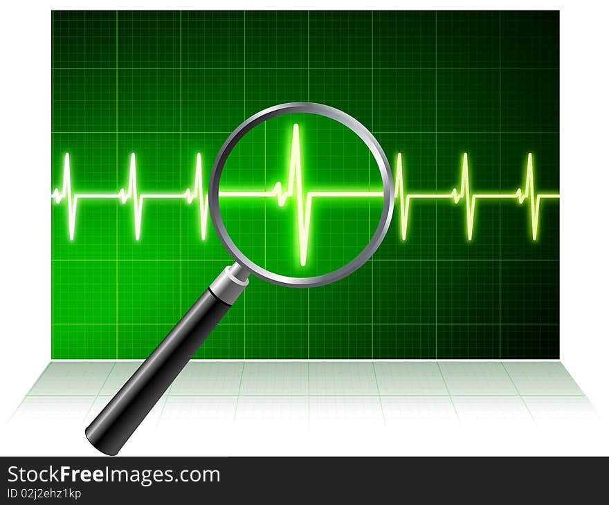 Original Illustration: Simple cardiogram under magnifying glass