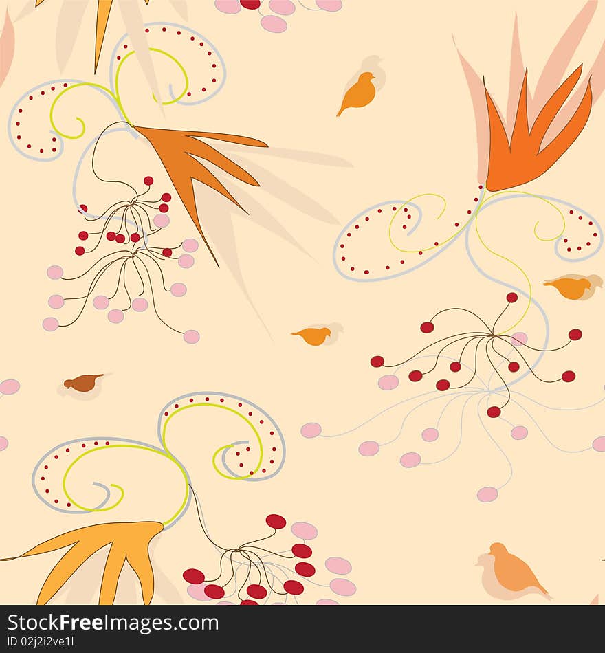 Seamless pattern with arrowwood berry and bird