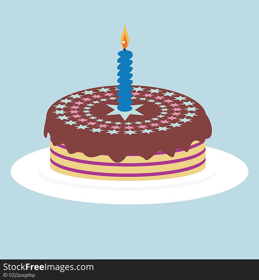 Cake with candle on cyan background