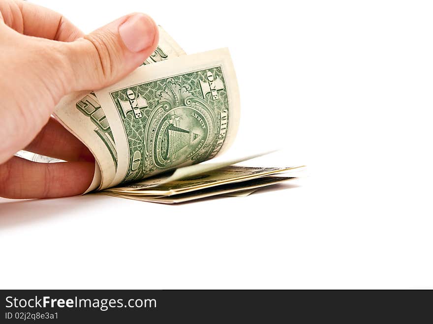 Man counting dollars. Isolated on white