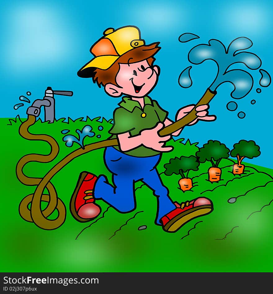 Llustration represents a boy watering carrots, having a small problem with the hose.