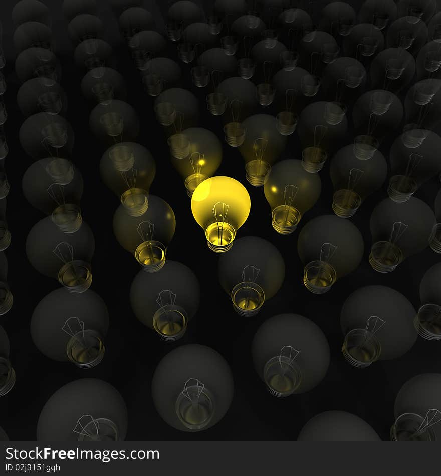 A bright yellow lit light bulb among the rest turned off, a 3d image. A bright yellow lit light bulb among the rest turned off, a 3d image