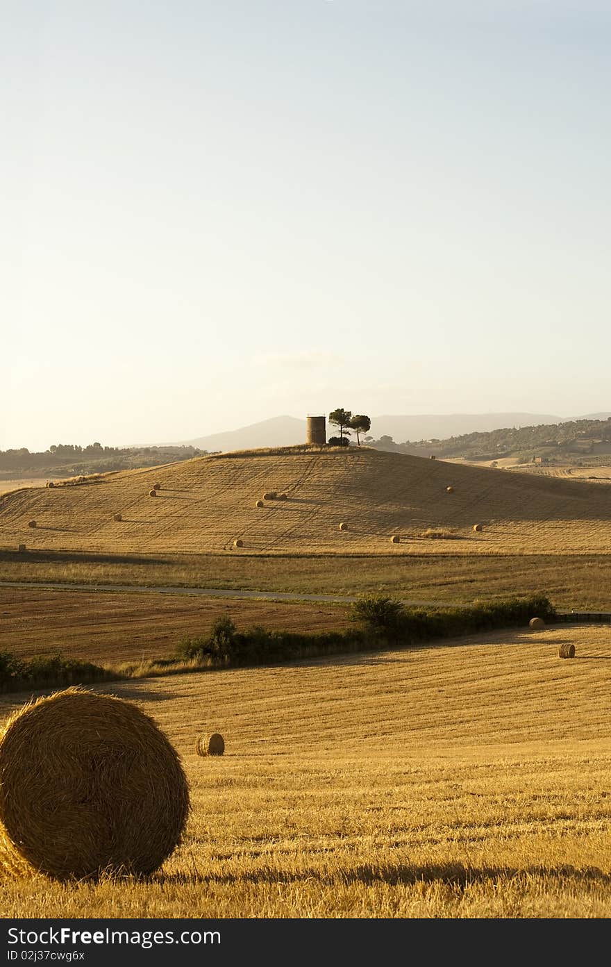 Hay Bales on a yellow field in the tuscany country at sunset