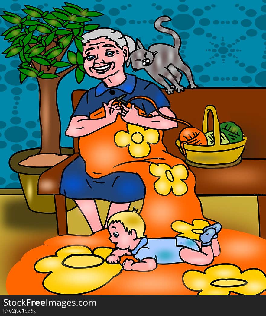 Image shows a grandmother knitting petted his soft kitten with his grandson. Image shows a grandmother knitting petted his soft kitten with his grandson.