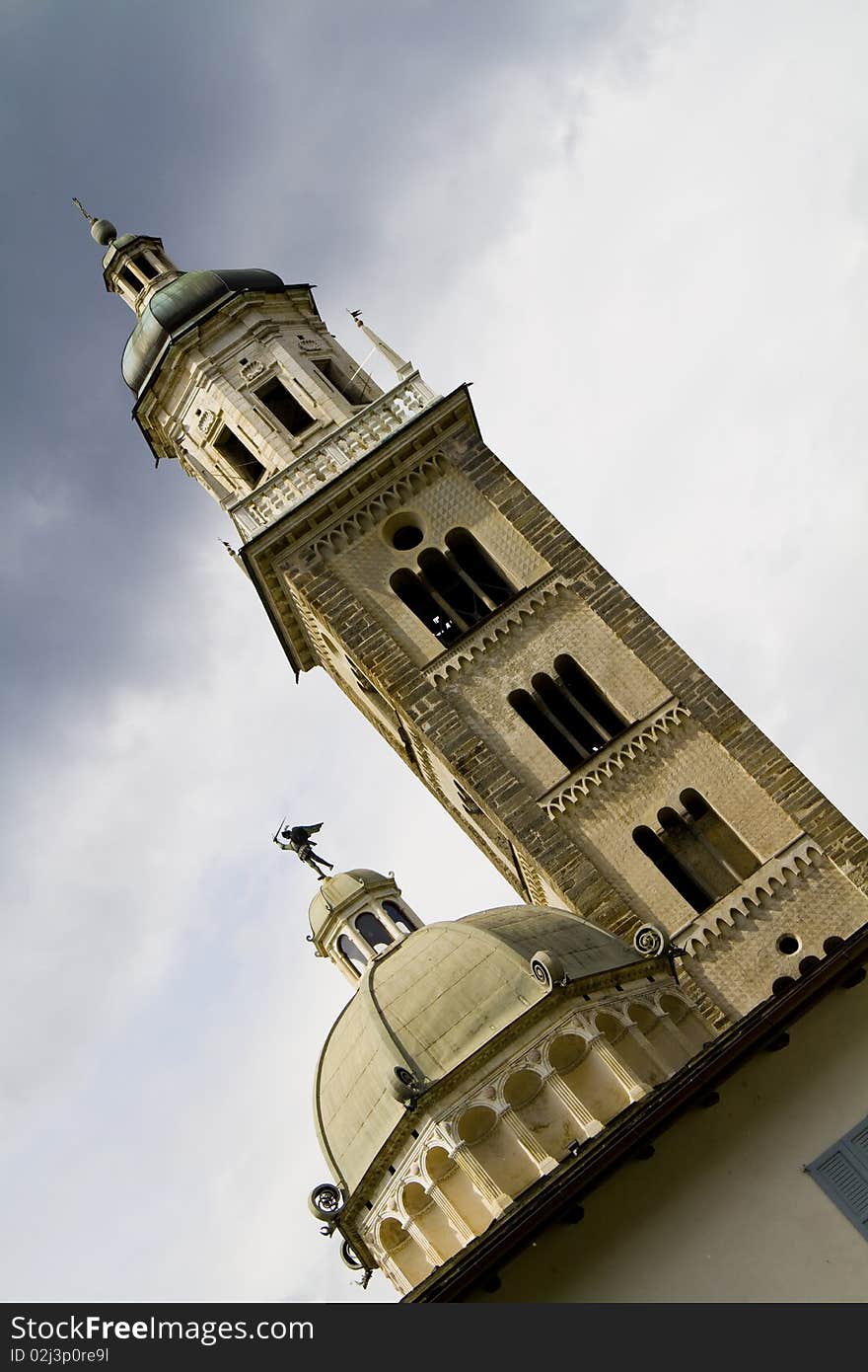 A church tower on a cloudy day. A church tower on a cloudy day