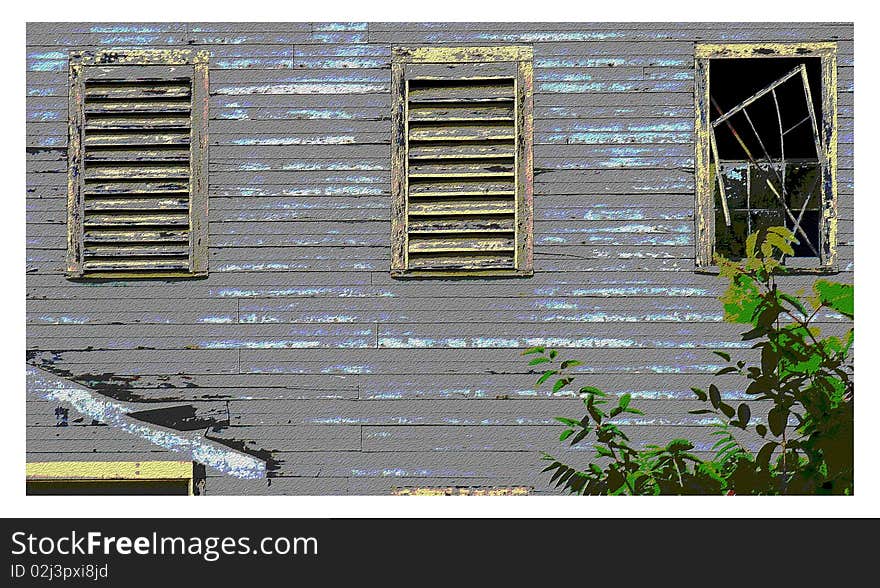 Trio of windows on a weathered wall with one being broken. Trio of windows on a weathered wall with one being broken