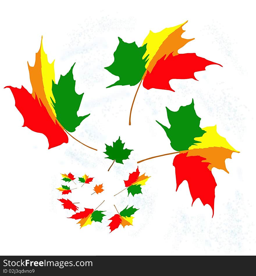 Bright colorful flying autumn leaves twirling upwards on high