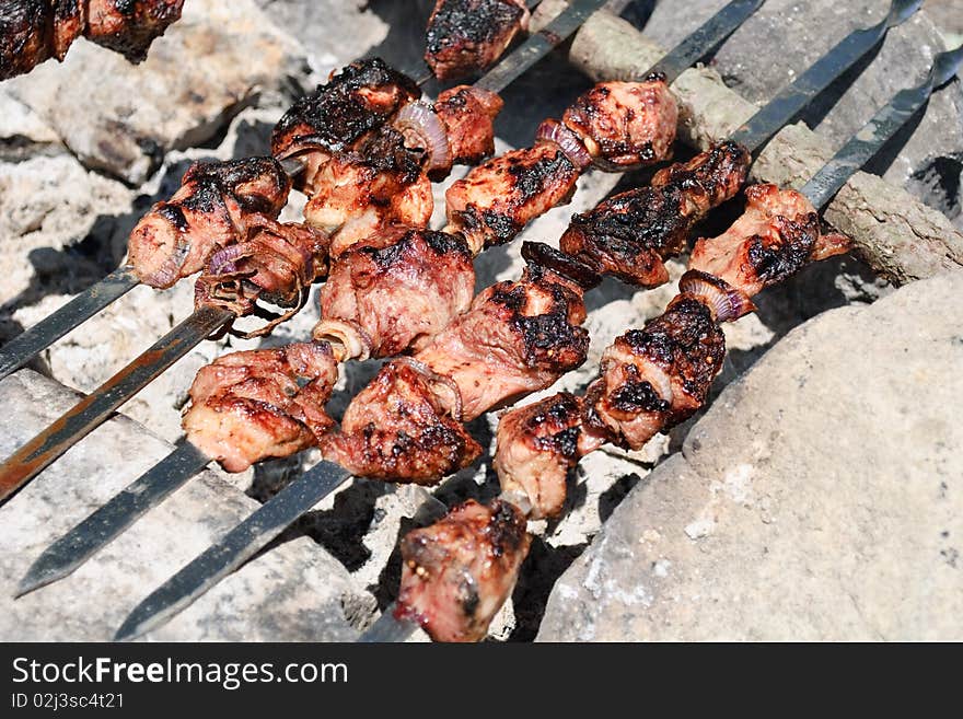 Grilled porkish shish kebab with purple onion